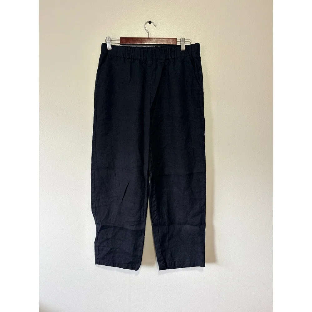 Quince European Linen Straight Leg Pants Navy Blue Elastic Waist Women Size M